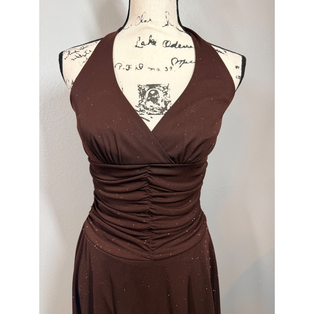 Vintage Y2K Speckless Dress‎ Women M Brown Glitter Halter Ruched Coquette
